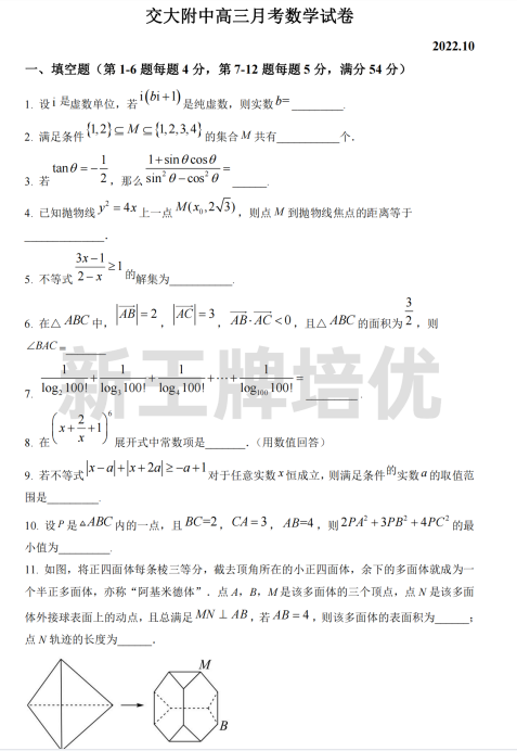 2022~2023交大附中高三上10月考数学