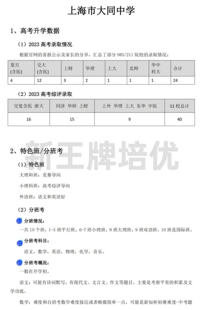 2024黄浦区高中校情一本通