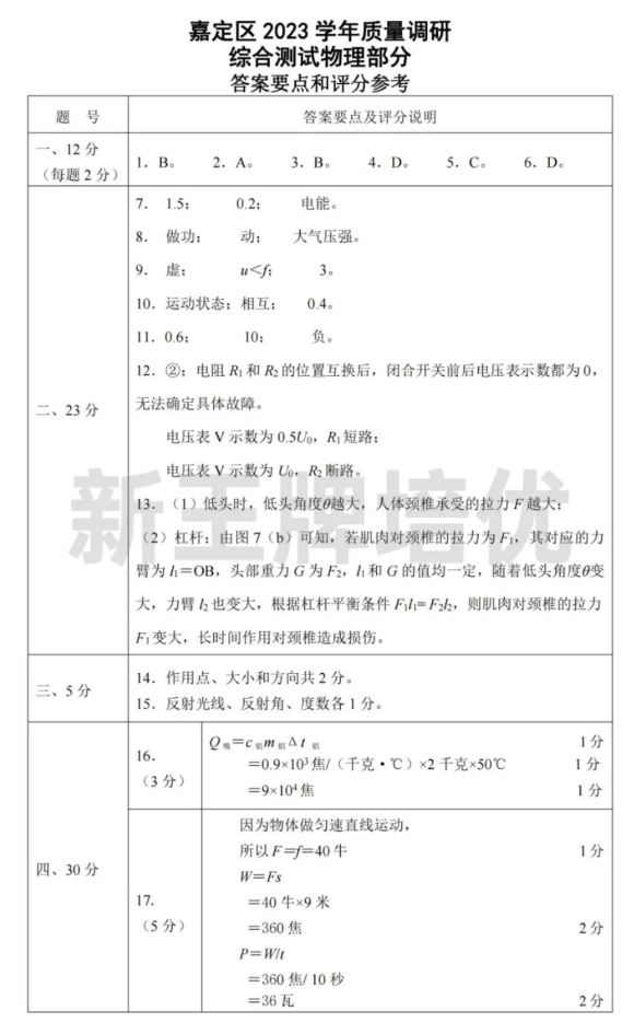 上海初三二模试卷答案