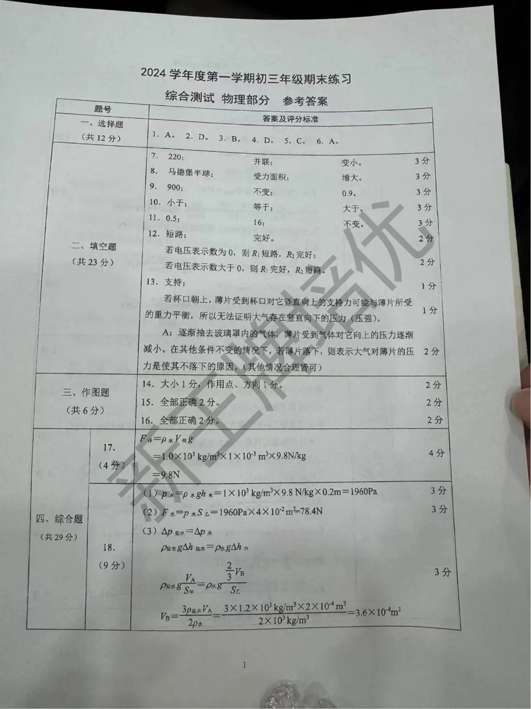 上海浦东初三一模物理答案