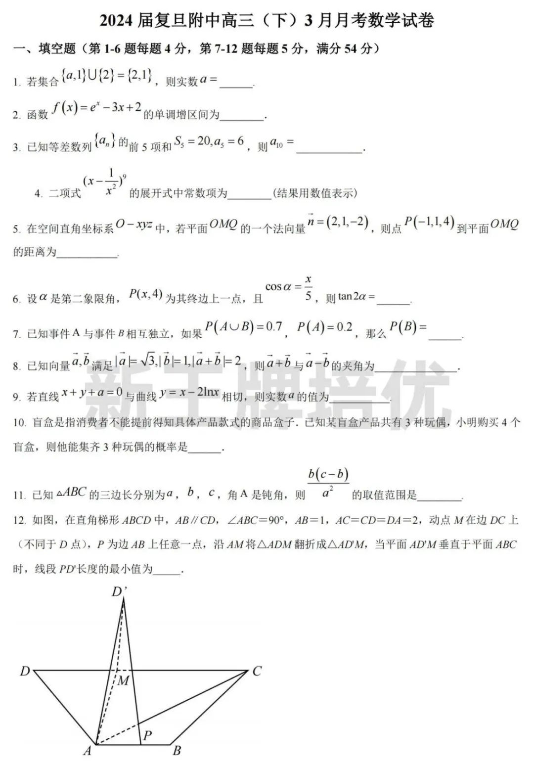 24年复附高三3月考数学卷-含解析