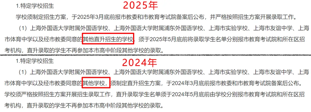 在特定学校招生部分，今年的政策增加了直升学校的描述。
