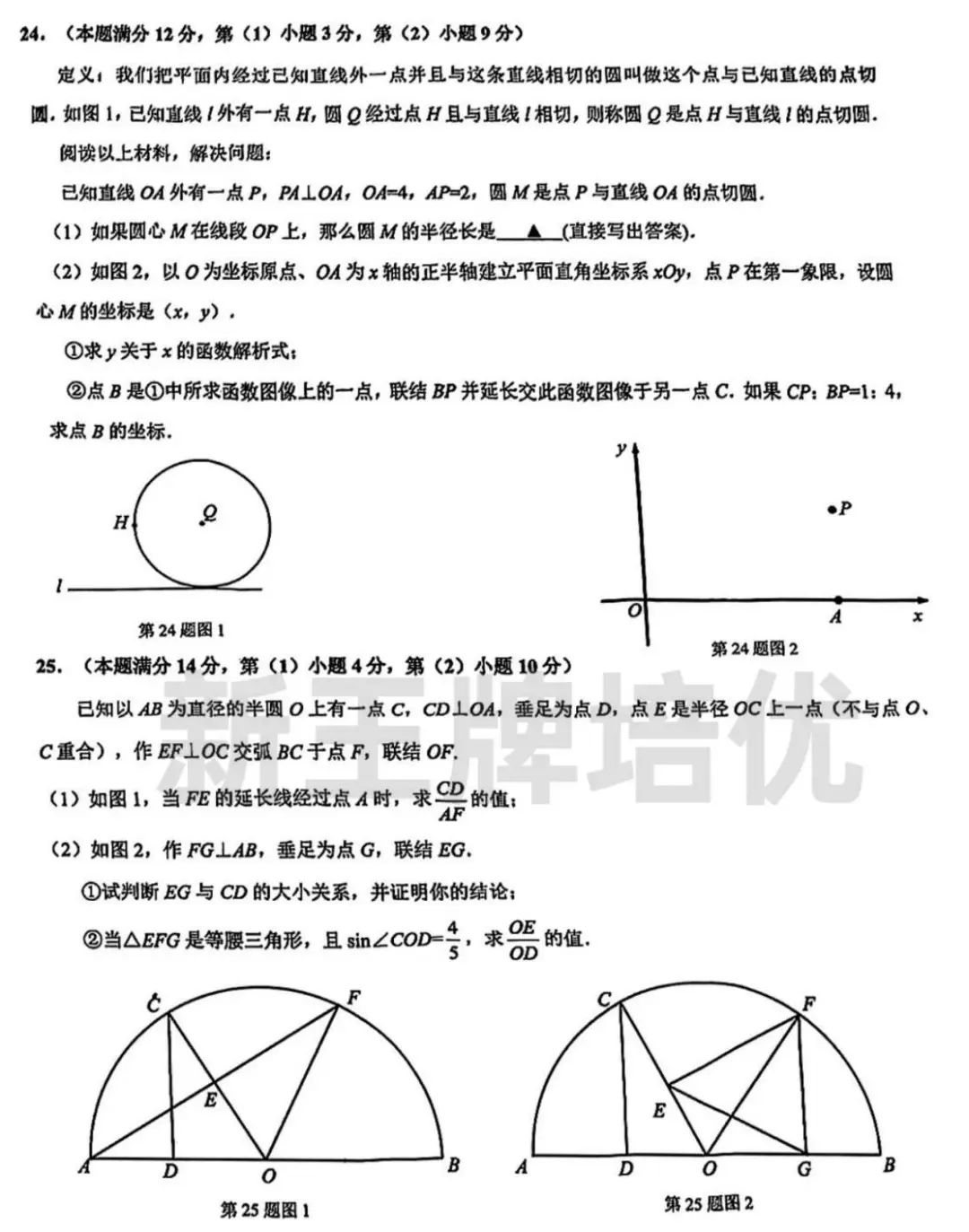 2024年杨浦初三二模数学试卷及答案