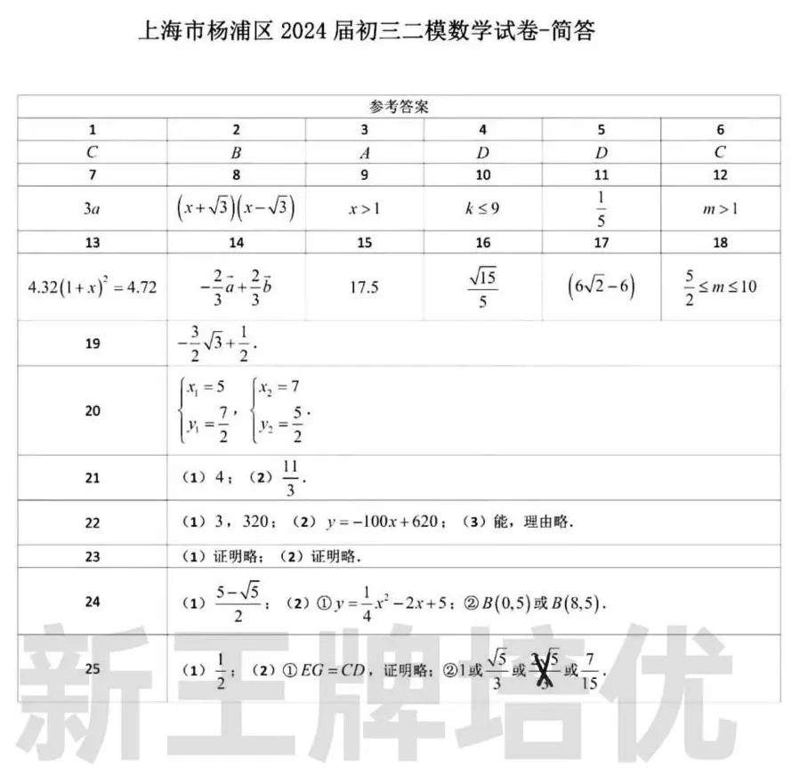 2024年杨浦初三二模数学试卷及答案