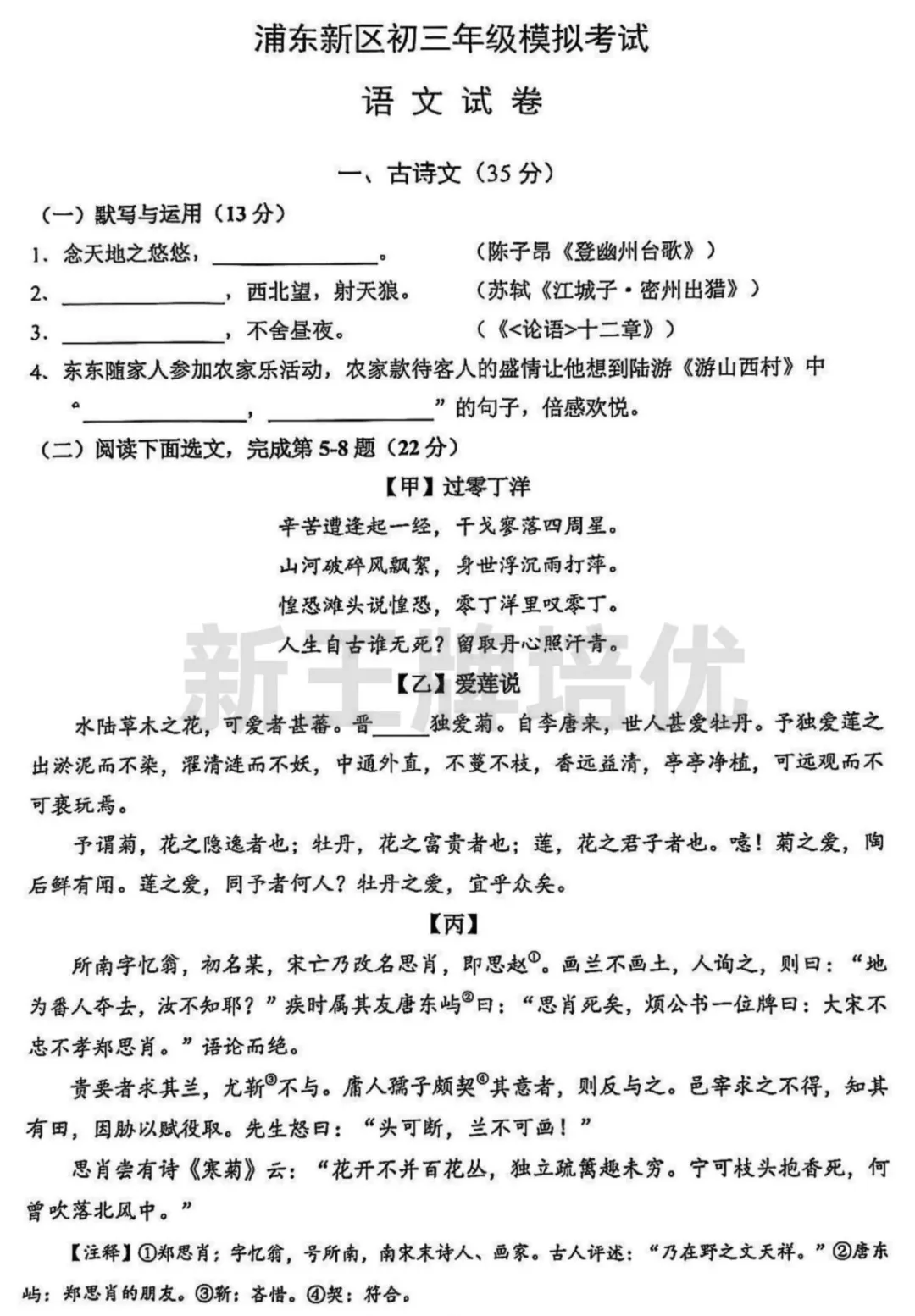 浦东-语文初三二模试卷答案