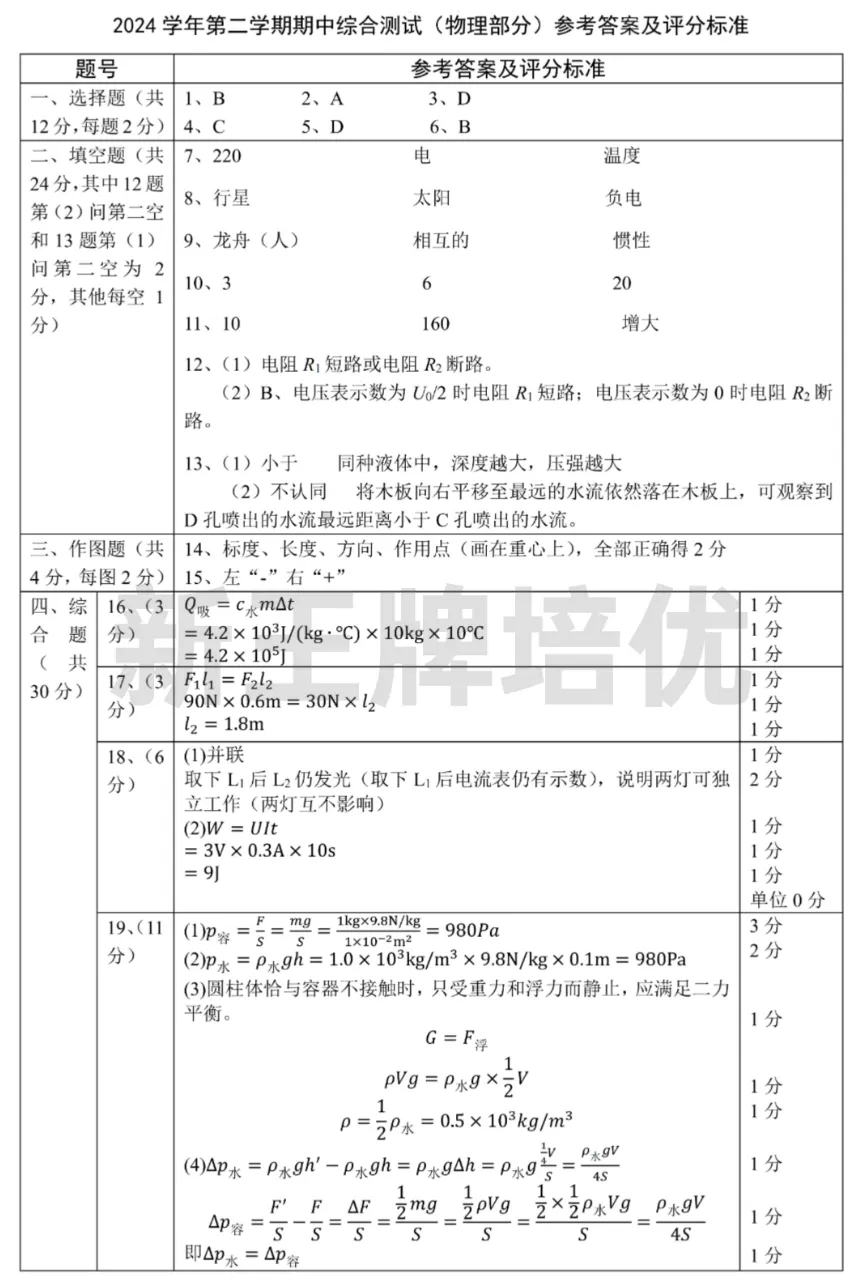 闵行/静安二模英语答案,上海初三二模答案